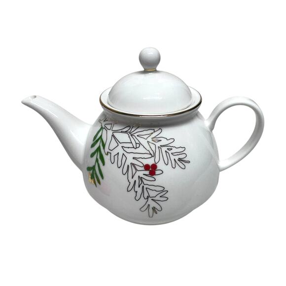 Lenox Merry and Bright Pine and Berry Teapot 24K Gold and Platinum Accents Rare! - Picture 2 of 12